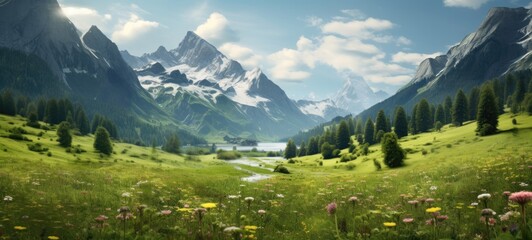 a green valley with mountains and flowers, a bright blue sky