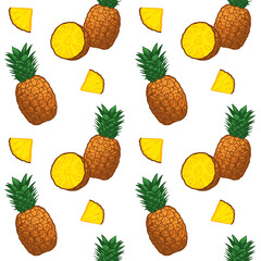 Pineapples and pineapple slices, vector illustration. Seamless pattern with fruits.