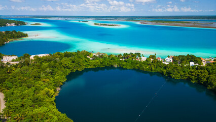 aerial of Bacalar Mexico Quintana Roo Seven colours lagoon and cenote 