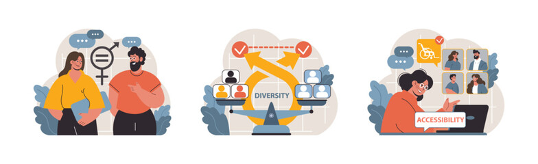 Inclusion in action set. Colleagues discussing gender equality, workplace diversity visualization, and online accessibility solutions. Communication, equality, digital tools. Flat vector illustration