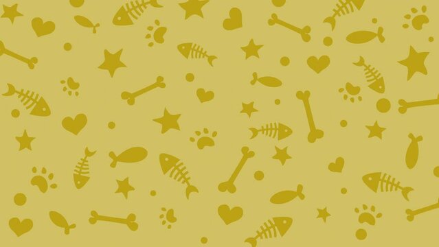 Yellow looped animated background with animal themed pattern. Zoological icons of bone, fish, heart and star.