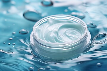 Moisturizing face cream. Blue floral beauty product background
