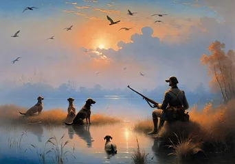 Schilderijen op glas A person hunts ducks with a dog © Faris