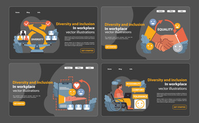 Diversity and inclusion set. Promoting unity in the workplace. Integration of different backgrounds, ensuring equality, and providing accessibility for all. Embracing all abilities and talents. vector - obrazy, fototapety, plakaty