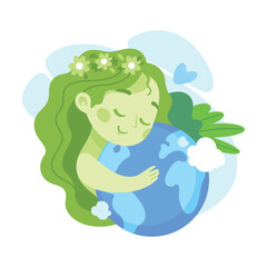 Ecology with Little Girl Character Tender Embrace Planet Earth Enjoy Sustainable Lifestyle Vector Illustration
