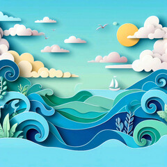 Abstract blue sea and summer beach background with paper waves and sea coast for banner, invitation, poster or website design.  paper cutting pattern  Emulates a 3D effect. Space for text. Illustratio