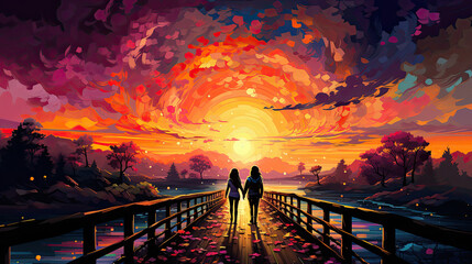 zakochana para na pomoście trzymająca się za rękę idących w śród zachodu słońca,