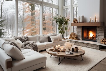 Cozy bright modern living room. White interior background