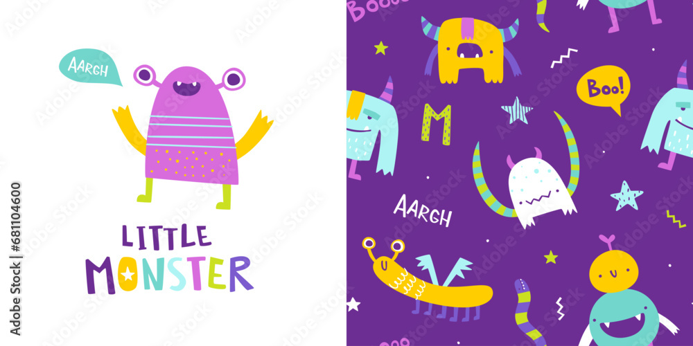 Poster seamless cute pattern set with little monsters for baby. abstract vector print with stylized monster