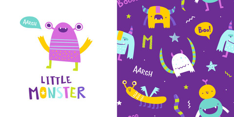 Seamless cute pattern set with little monsters for baby. Abstract vector print with stylized monsters for kids textile.
