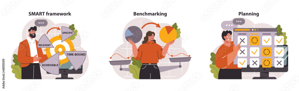 Poster business strategies set. smart framework visuals, benchmarking metrics, and goal-oriented planning. 