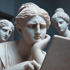 Esculturas griegas mirando un portátil - obrazy, fototapety, plakaty