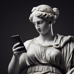 Escultura griega mirando el teléfono móvil - obrazy, fototapety, plakaty