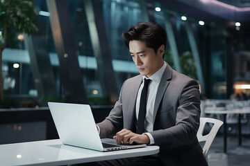 Successful male businessman of Asian appearance in a business suit works at a laptop. Generative AI