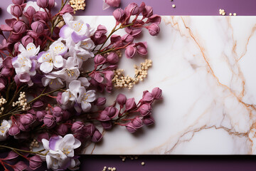 Purple and white flower on marble background