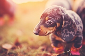 A dapple-coated Dachshund puppy in a warm, sunlit outdoor setting.