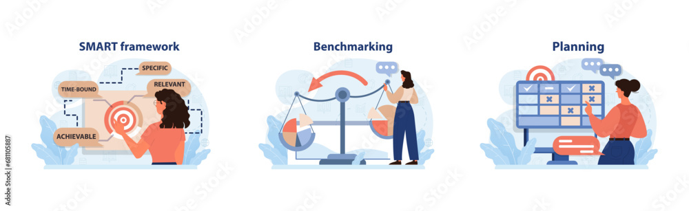 Poster business strategies set. dive into smart goals analyze with benchmarking tools, map out with clear p