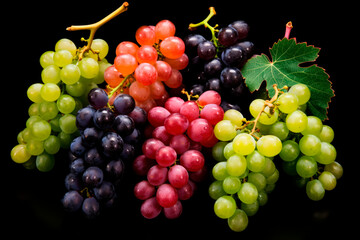 different types of grapes of various colors isolated on black background