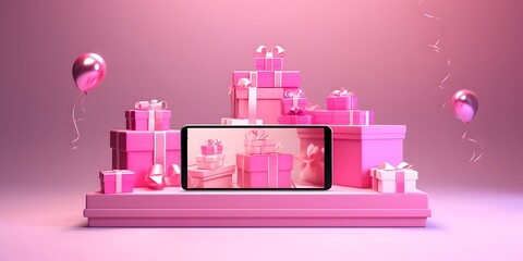 shopping online on phone with podium paper art modern pink background gifts box illustration vector