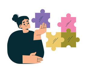 Education with Woman Character with Jigsaw Puzzle Piece Learning and Study Vector Illustration