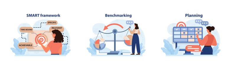 Business strategies set. Dive into SMART goals analyze with benchmarking tools, map out with clear planning. Women strategizing success. Goals, comparison, organization. Flat vector illustration - obrazy, fototapety, plakaty