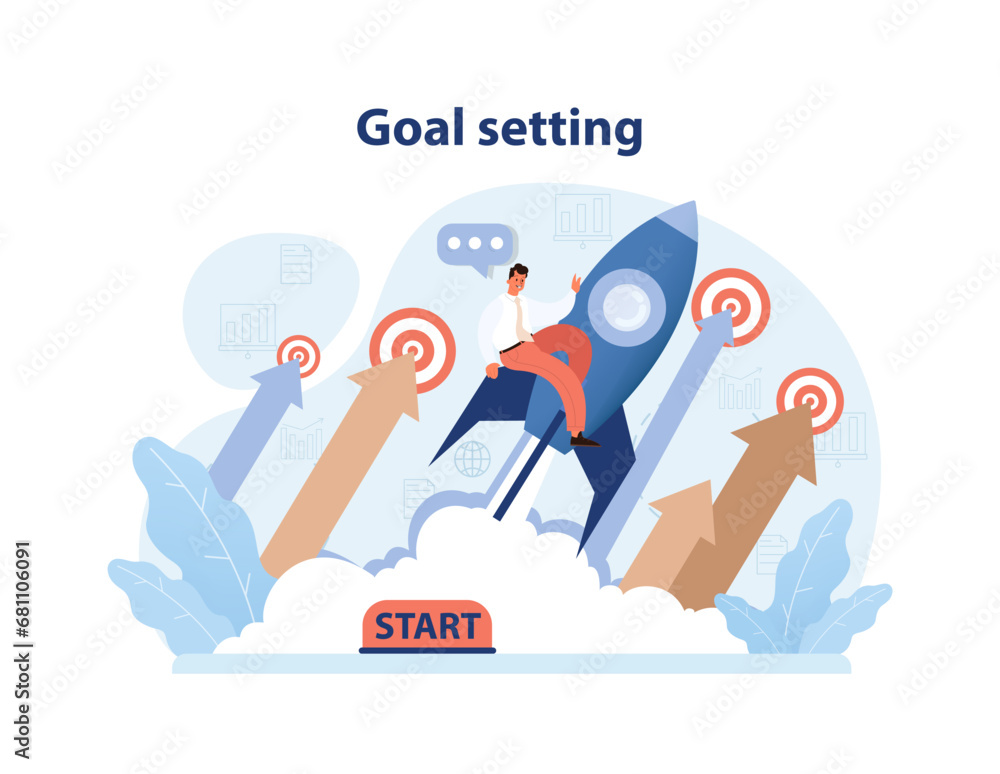 Poster goal setting concept. man launching from the start, navigating rising arrows to hit multiple targets