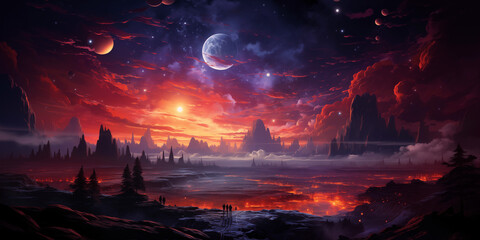 sunset in the mountains with giant planet orbiting 