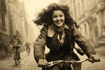 dziewczyna radosna jadąca rowerem z czrnymi wielkimi lokami.  - obrazy, fototapety, plakaty