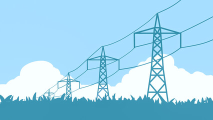 transmission line and tower against a clear blue sky and clouds likely anime. electricity - obrazy, fototapety, plakaty