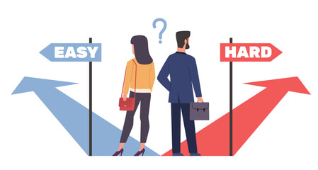 Business men and women choose between hard and easy way. Crossroad with different path. People making decision to solve problem. Career success. Cartoon flat isolated vector concept - obrazy, fototapety, plakaty