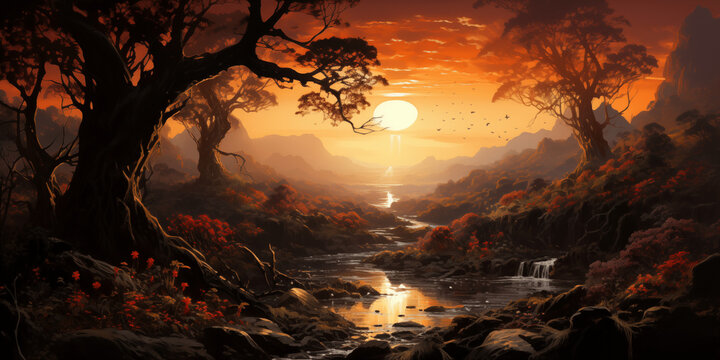 sunset in the woods warm
