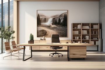 An office interior in modern style, light brown, wood, windows with natural light.