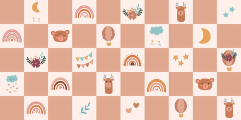 Boho cover set illustration for background, wallpaper, print, web banner in scandinavian style. Cartoon rainbows, bears, deer, clouds, stars, hearts, hot air balloons in pastel beige colors. Vector