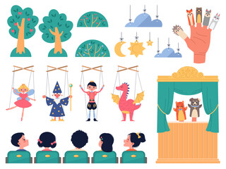 Cartoon puppet kids theater. Marionettes elf, wizard and dragon, animals finger characters, stage with curtain, scenery for performances, children sit in row. Vector set