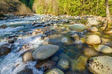mountain creek with rocky background in Vancouver, Canada, North America.