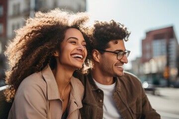 young couple happy expression outdoors in a city. ai generated