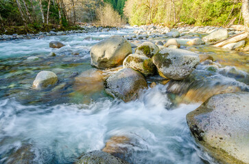 mountain creek with rocky background in Vancouver, Canada, North America.