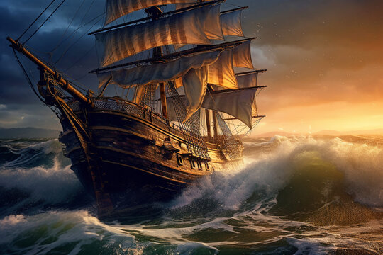 Historisches Segelschiff mit gesetzten Segeln im Sturm. Piratenschiff