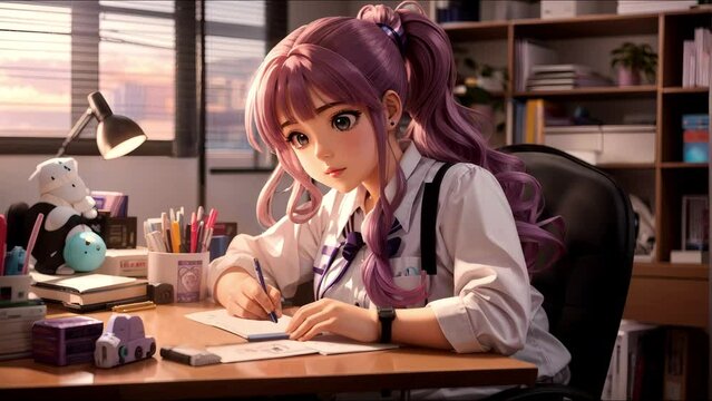 anime girl study library