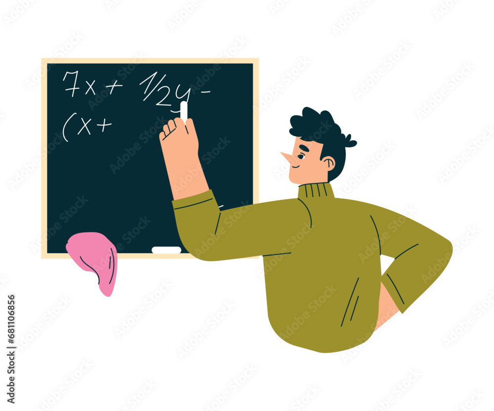 Poster education with man character write math sum on chalkboard learning and study vector illustration
