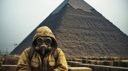 postać w masce gazowej i żółtym płaszczu z kapturem na tle piramida heopsa podczas apokalipsy...