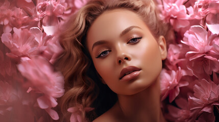 portrait of beautiful young woman with pink rose flowers makeup, beauty and fashion concept, skin and hair care, fashionable hairstyle and make up concept