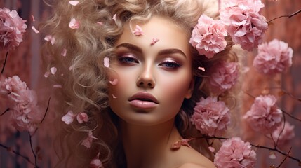 portrait of beautiful young woman with pink rose flowers makeup, beauty and fashion concept, skin and hair care, fashionable hairstyle and make up concept