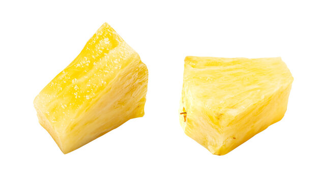 Pineapple Cuts Isolated, Raw Ananas Pieces, Comosus Tropical Fruit Chunks, Ripe Pine Apple Slices on White