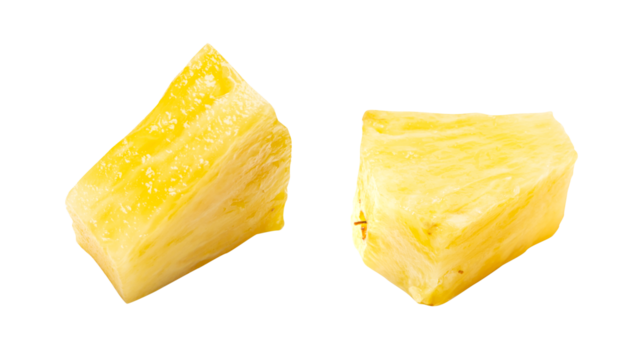 Pineapple Cuts Isolated, Raw Ananas Pieces, Comosus Tropical Fruit Chunks, Ripe Pine Apple Slices on White