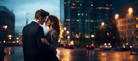 A young elegant romantic couple hugged in a modern cityscape full of blurred lights. 