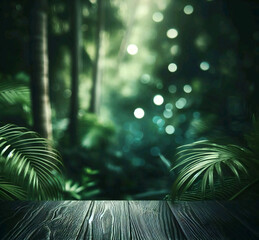 Dark wooden table top (bar) blurred on green palm leaves or trees in a tropical forest with bokeh lights in the background - Use this for mockup templates to showcase your designs.