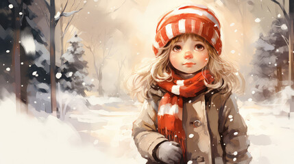 Dziewczynka w czapce, szaliku i zimowej kurtce stojąca na śniegu zimą. Rysunek akwarelowy.  - obrazy, fototapety, plakaty