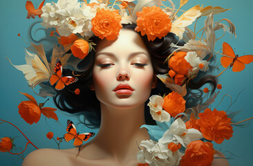 fashion portrait of young beautiful woman, orange and blue flower and petal, creative beauty makeup and hairstyle concept