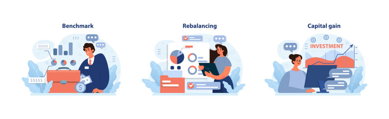 Investment concepts set. Expert analyzing benchmarks, strategist adjusting portfolios, individual celebrating returns. Financial performance, strategy adjustments, profit growth. vector illustration.